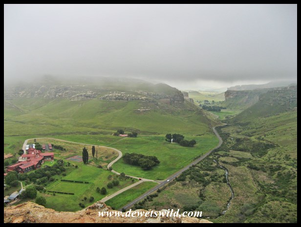 View of the Golden Gate Hotel & Chalets and the road to the small town of Clarens from the top of Brandwag this misty morning