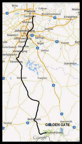 Our new favourite route to Golden Gate, via Sasolburg, Heilbron, Petrus Steyn and Bethlehem, a distance of about 400km from Pretoria (map drawn with Google Maps)