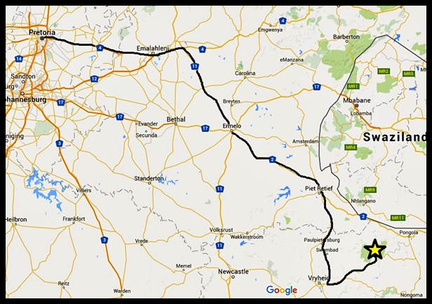 Pretoria to Ithala (drawn with Google Maps)